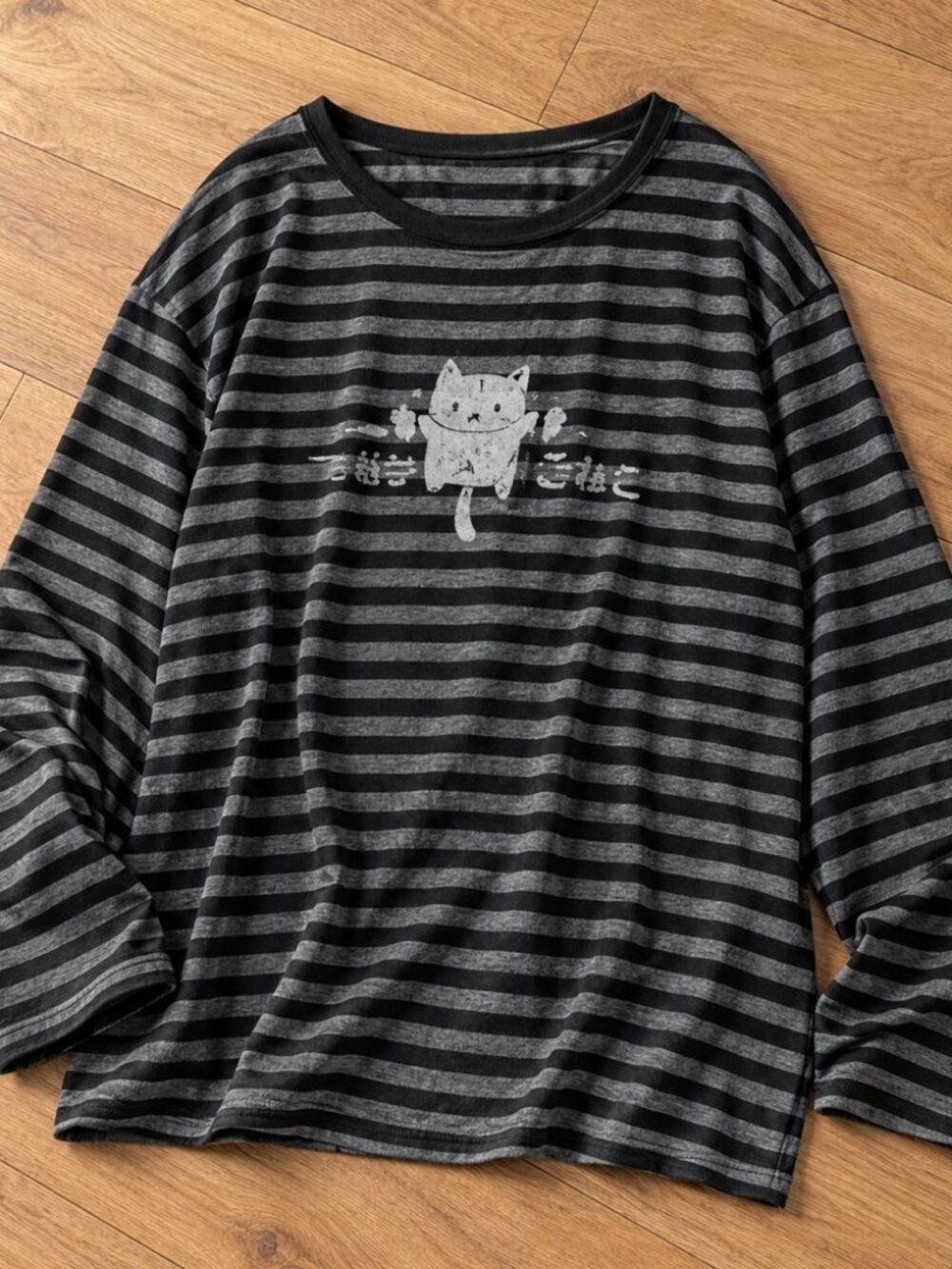 Black and grey striped long sleeve with cat graphic - grunge emo harajuku tee